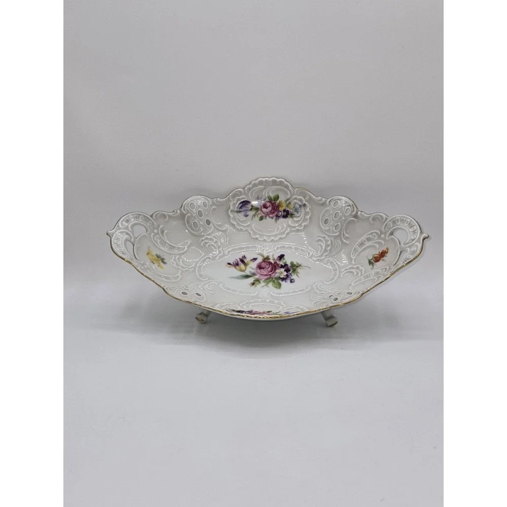 Dresden Porcelain Reticulated Floral Centerpiece Bowl Footed White Gold Western